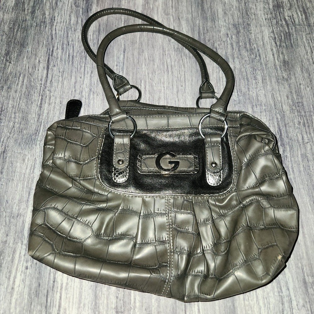 G by GUESS‎ Gray Crocodile Embossed Satchel Bag Silver Hardware Leopard Lining